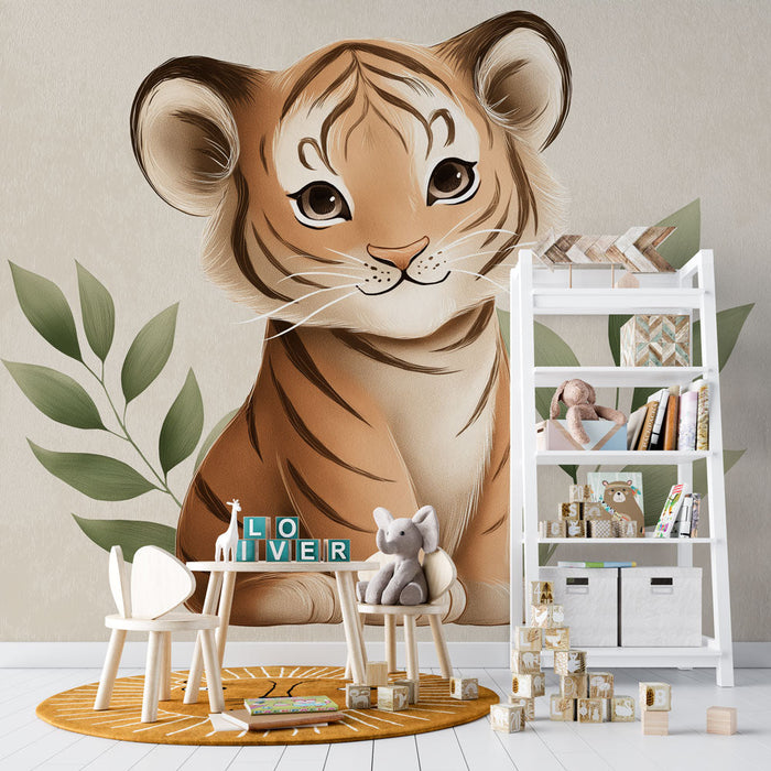 Fototapeta roztomilý tygr | Rozkošný malý tygr obklopený zelenými listy