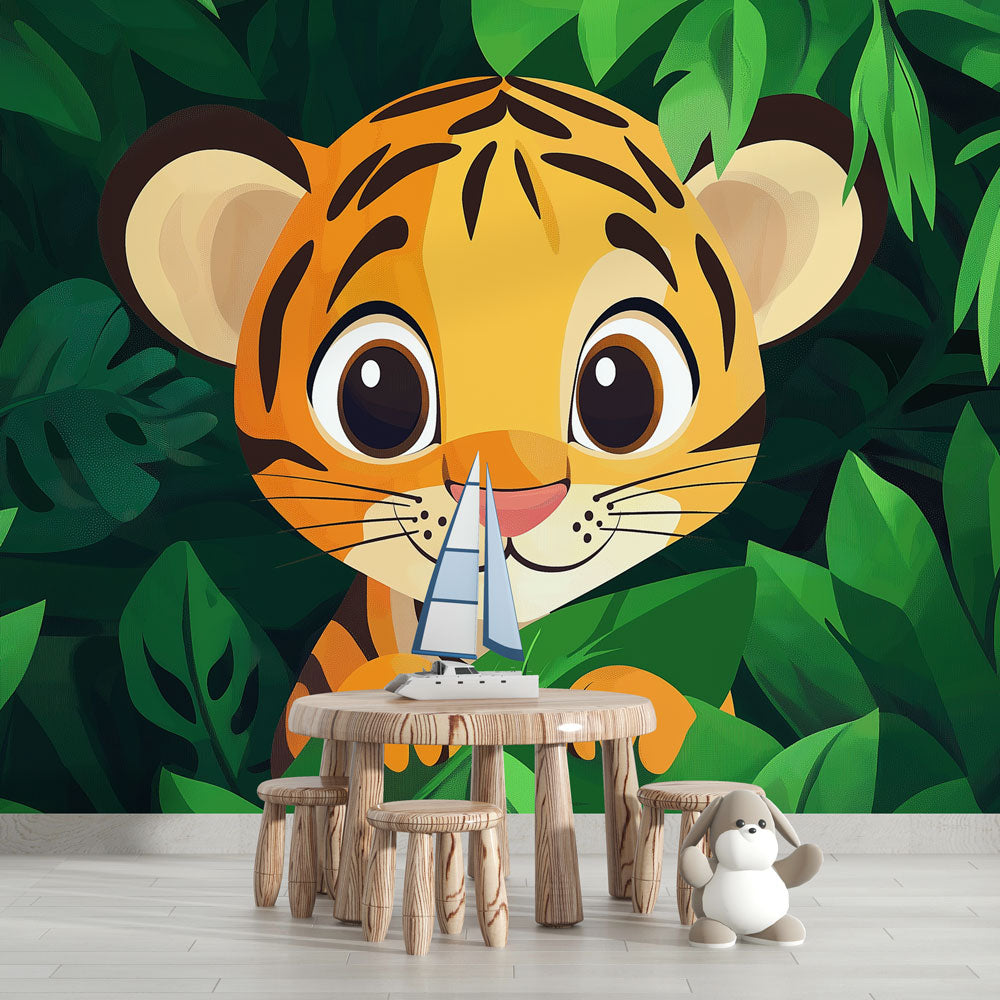 Fototapet søt tiger | En ung tiger som kommer ut fra den frodige junge —  WonderMural, image size:1000x1000