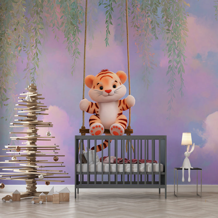 Fototapet sød tiger | En glad tiger på en gynge under delikat løvværk
