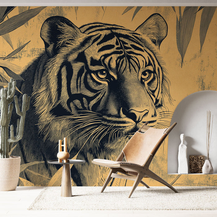 Tapeta tiger | Portret mogočnega tigra obdanega z listjem