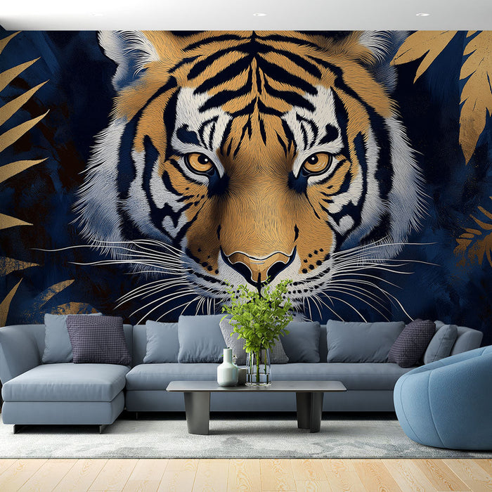 Tapeta tiger | Veličasten portret tigra na temnem ozadju z zlatimi listi