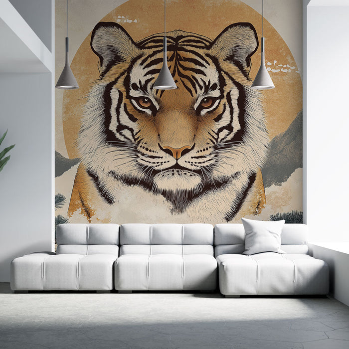 Mural Wallpaper tiger | Majestic portrait of tiger on Asian background