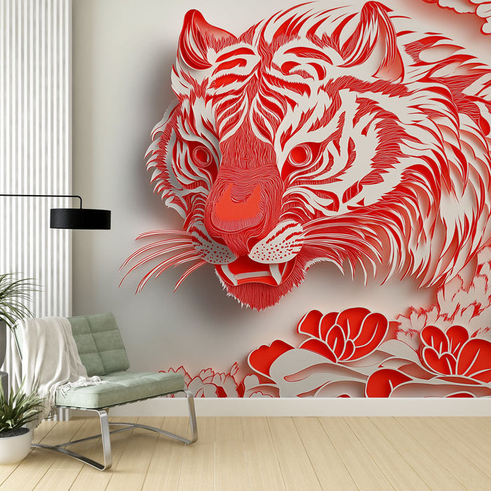 Carta da parati tigre rossa | Design artistico di una tigre stilizzata con elementi floreali