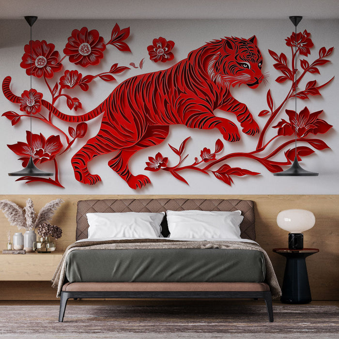Papel de parede tigre vermelho | Tigre estilizado entre flores vermelhas