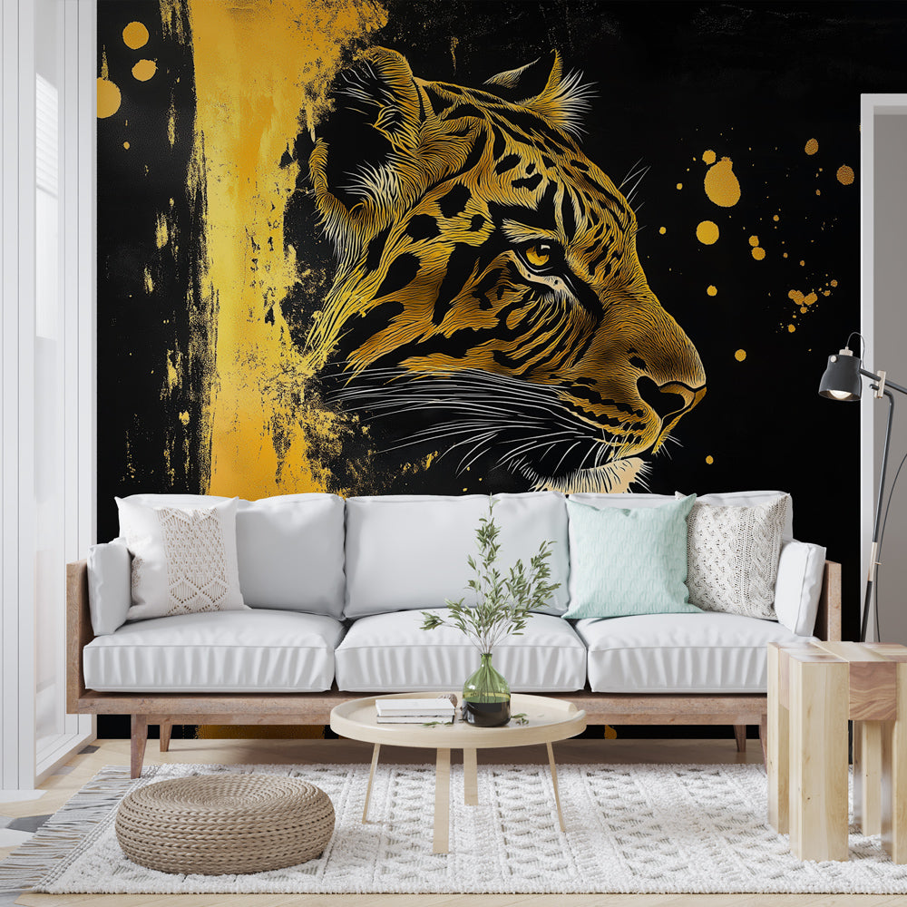 Papel pintado tigre | Cabeza de tigre dorado sobre fondo negro — WonderMural, image size:1000x1000