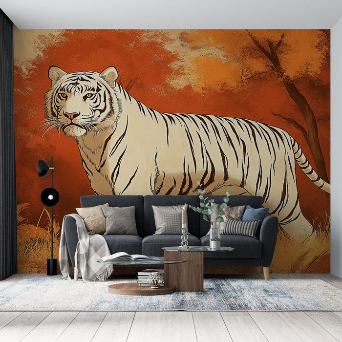 Tapete tiger | Majestätischer weißer Tiger in einer lebhaften herbstlichen Umgebung