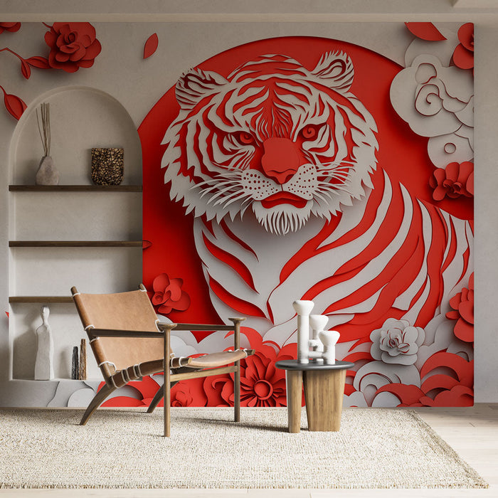 Mural Wallpaper tiger | Tiger in cut paper with red and white flowers