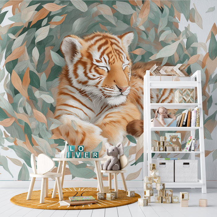 Carta da parati tigre | Una tigre addormentata circondata da foglie delicate