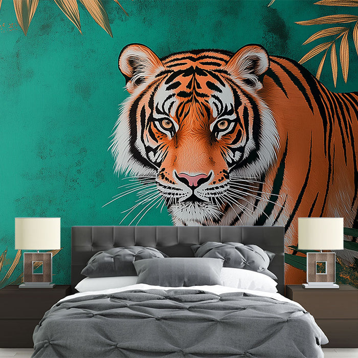 Mural Wallpaper tiger | A majestic tiger surrounded by tropical foliage