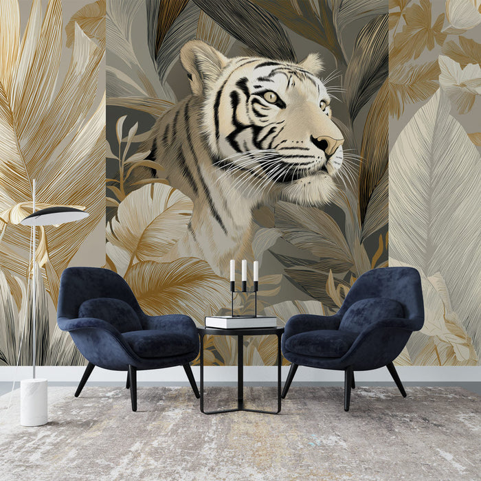 Fototapet kaplan | Altın ve doğal yapraklarla çevrili muhteşem bir kaplan