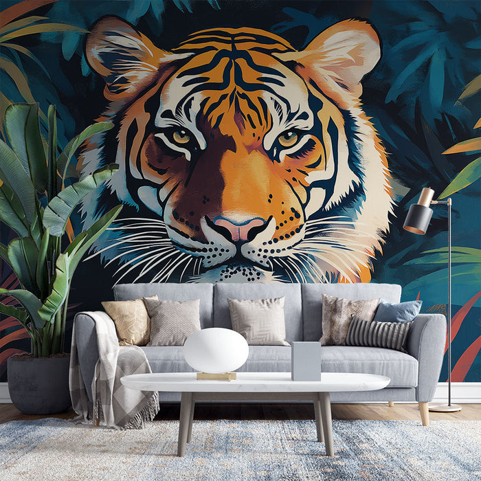 Papel de parede tigre | Rosto majestoso de tigre cercado por folhagem tropical