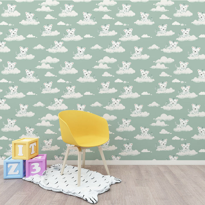 Fototapeet valged tiigrid | Armas valged tiigrid mängivad pehmetel pilvedel