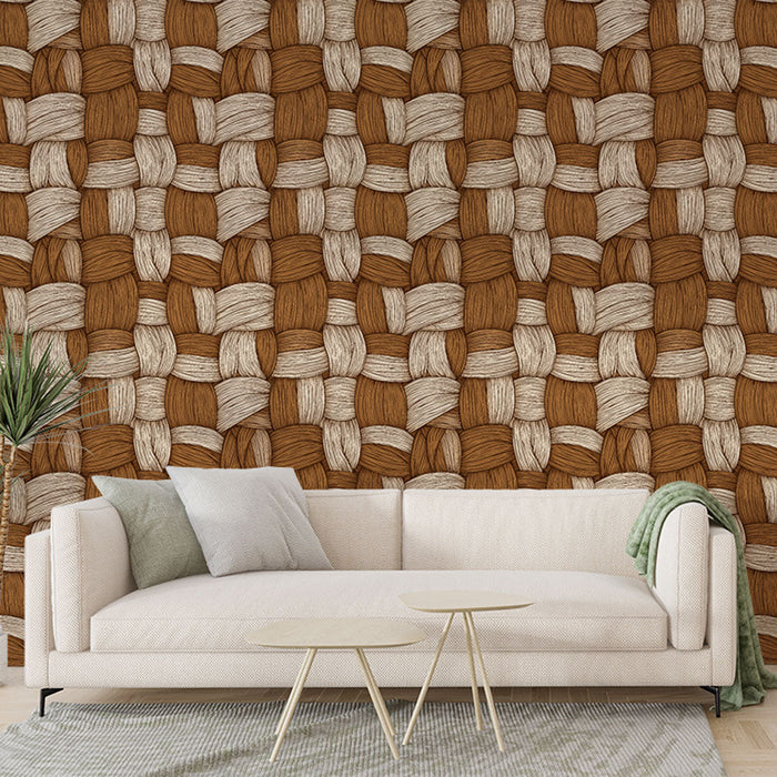 Papel pintado tejido | Patrón refinado de fibras entrelazadas en tonos marrones y crema