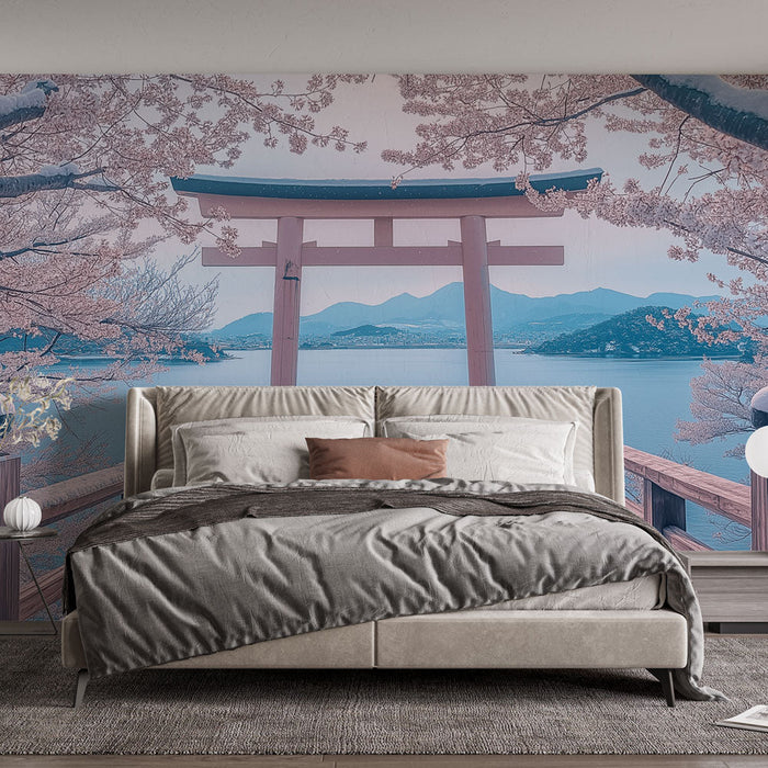 Tapete torii | Holzbrücke unter den Kirschblüten