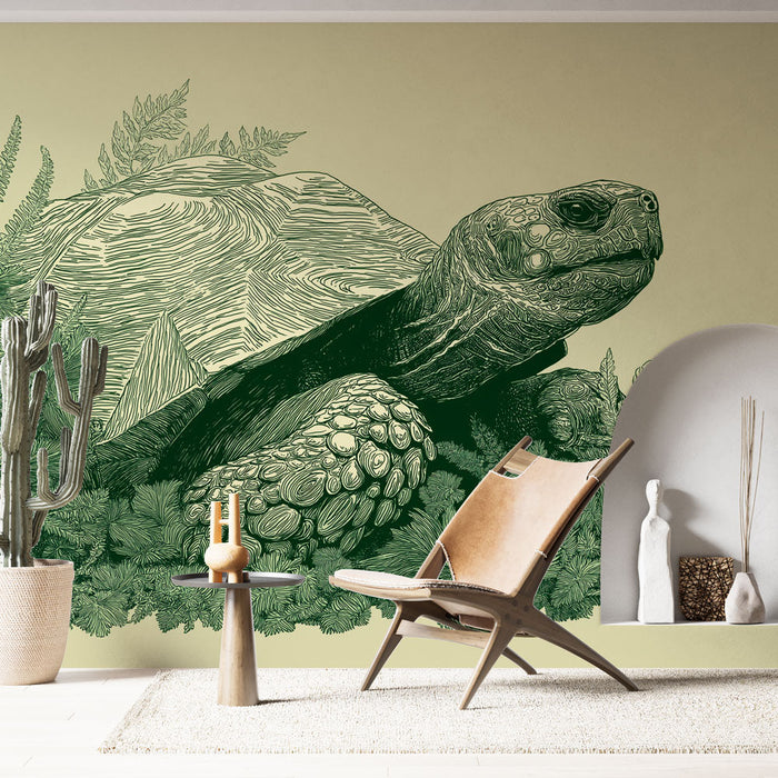 Tapet cu tortue și frunziș | Design elegant al unei broaște țestoase înconjurată de vegetație luxuriantă
