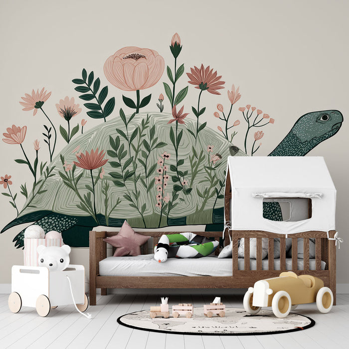 Fotótapé teknős és virágok | Bájos illusztráció egy teknősről dús virágokkal