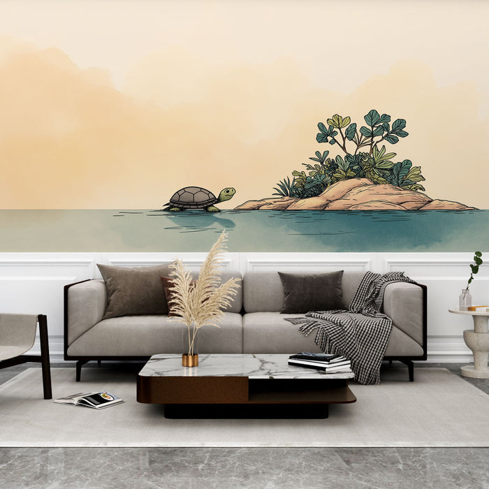 Carta da parati tartaruga e isola | Design giocoso di una tartaruga che nuota verso una piccola isola verde