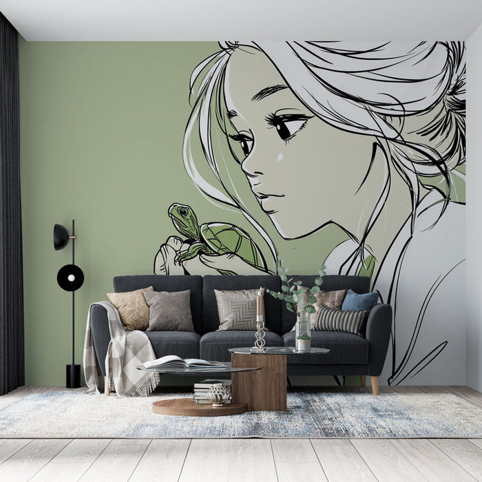 Fototapeet tortue | Noor naise illustratsioon kilpkonnaga kätes