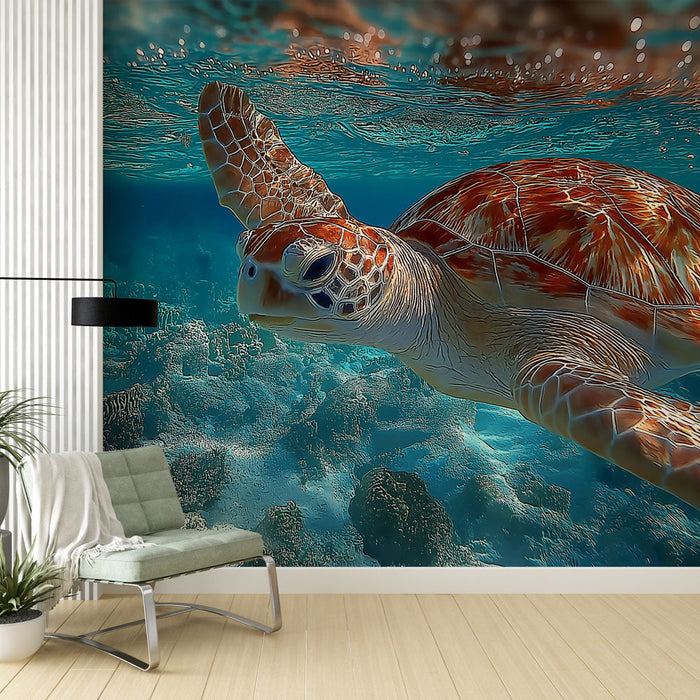 Papel de parede tartaruga marinha | Tartaruga elegante nadando em águas cristalinas.