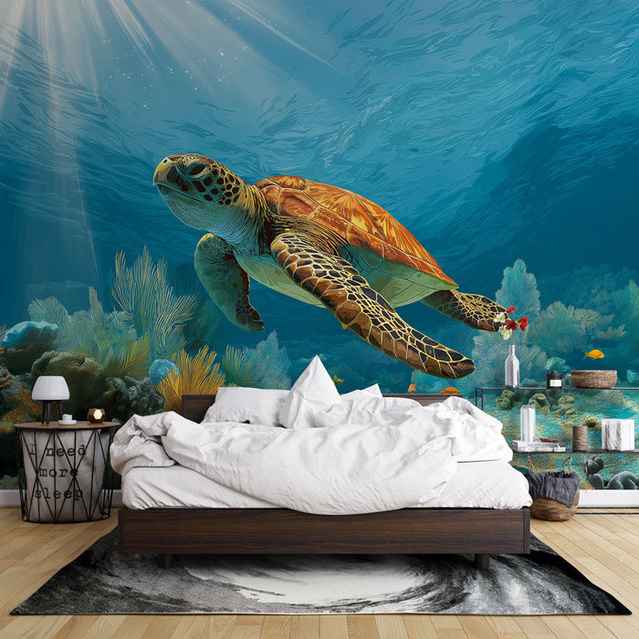 Mural Wallpaper tortue marine | Évasion sous-marine avec une tortue nageant dans un récif corallien

Fotótapé tengeri teknős | Tenger alatti menekülés egy teknős úszás közben egy korallzátonyon