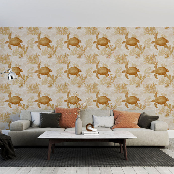 Mural Wallpaper sea turtle | Elegant pattern of turtles and corals in golden shades