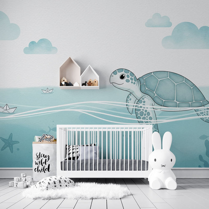 Fototapet havskilpadde | Delikat undervannstapet med havskilpadde og skyer