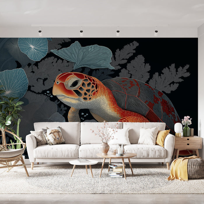 Tapetti merikilpikonna | Värikäs kilpikonna ympäröi stilisoituja vesimotiiveja