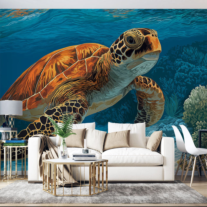 Mural Wallpaper sea turtle | Turtle swimming under the ocean