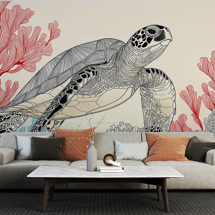 Fototapet morska kornjača | Stilizirana kornjača pliva među šarenim koraljima