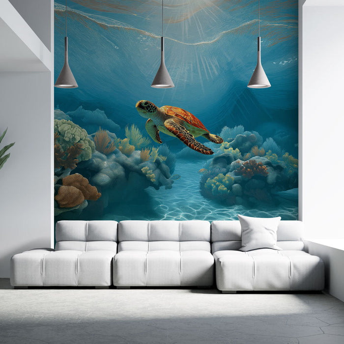 Mural Wallpaper tortue marine | Egy teknős úszik a színes korallak között a kristálytiszta víz alatt