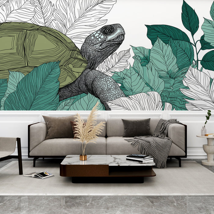 Fototapet tropisk skildpadde | En fængslende blanding af skildpadde og frodigt løvwerk