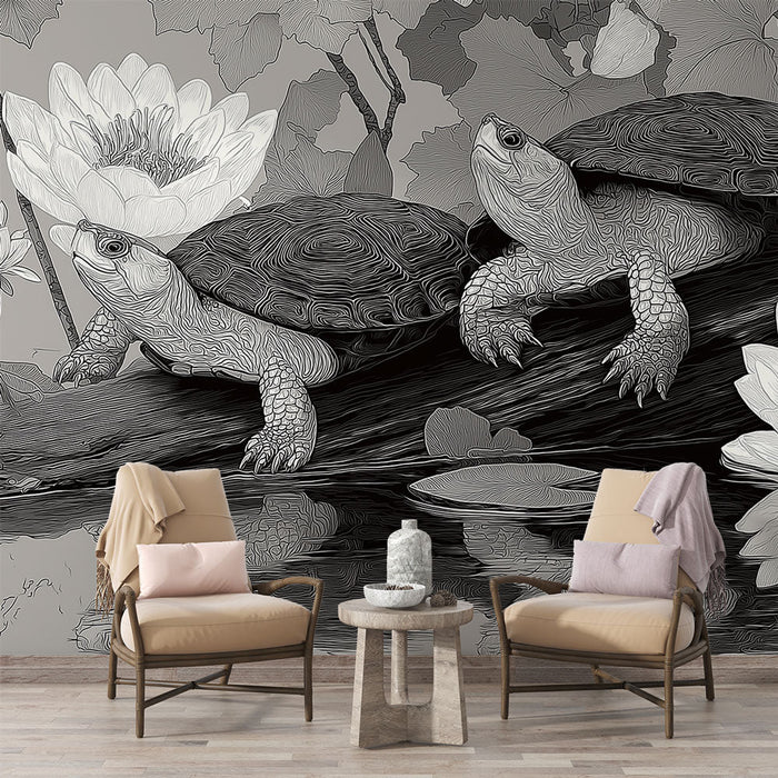 Fotótapé teknősök | Elegáns teknősminták egy törzsön vízililiomokkal