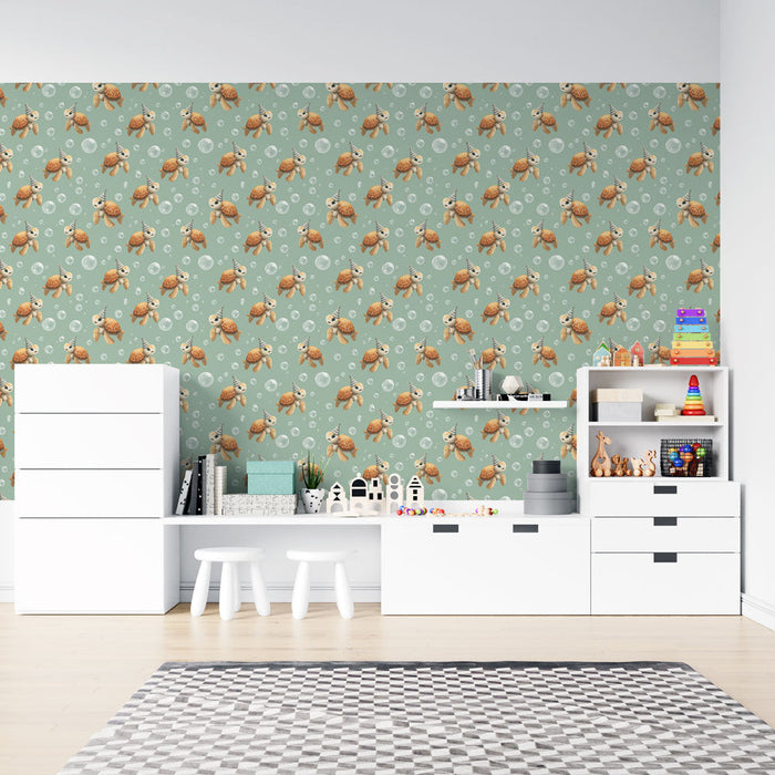 Mural Wallpaper sea turtles | Happy little turtle among bubbles on a pastel background