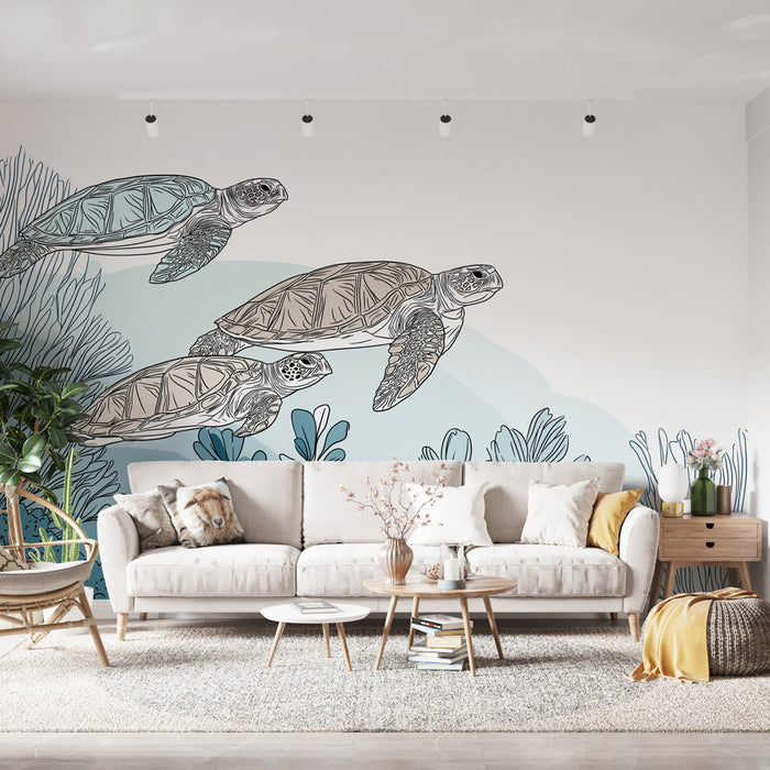 Fototapet deniz kaplumbağaları | Mercanların arasında yüzen stilize kaplumbağalar