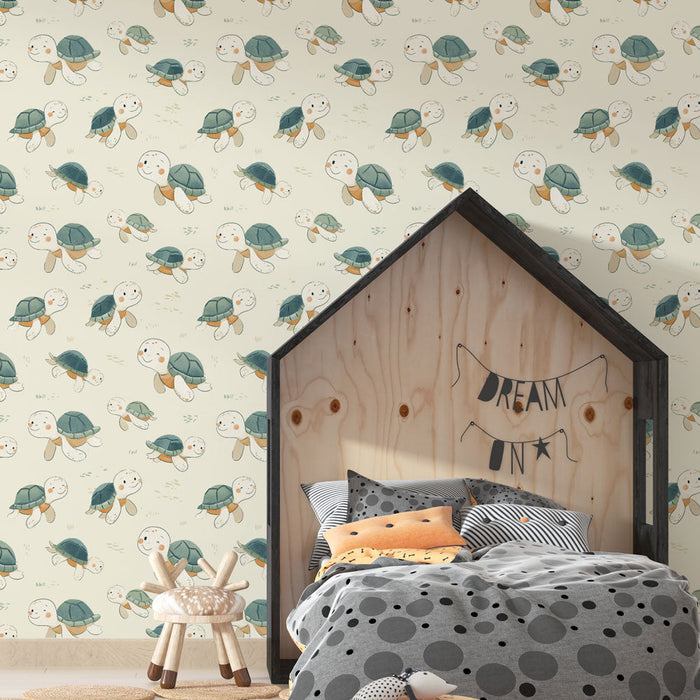 Carta da parati carina tartarughe | Motivo felice di tartarughe e tartarughe neonate in tonalità tenui