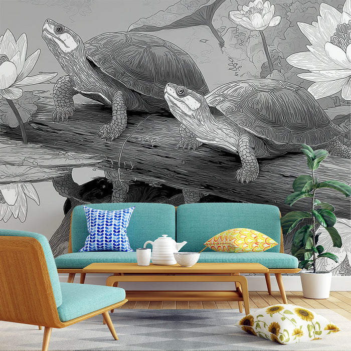 Papel pintado tortugas | Escena delicada de tortugas en un tronco con nenúfares