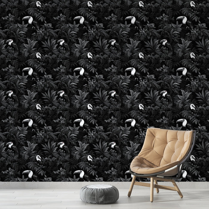 Fototapeet tukaan ja lehestikuga | Džungli evokatsioon mustvalgena