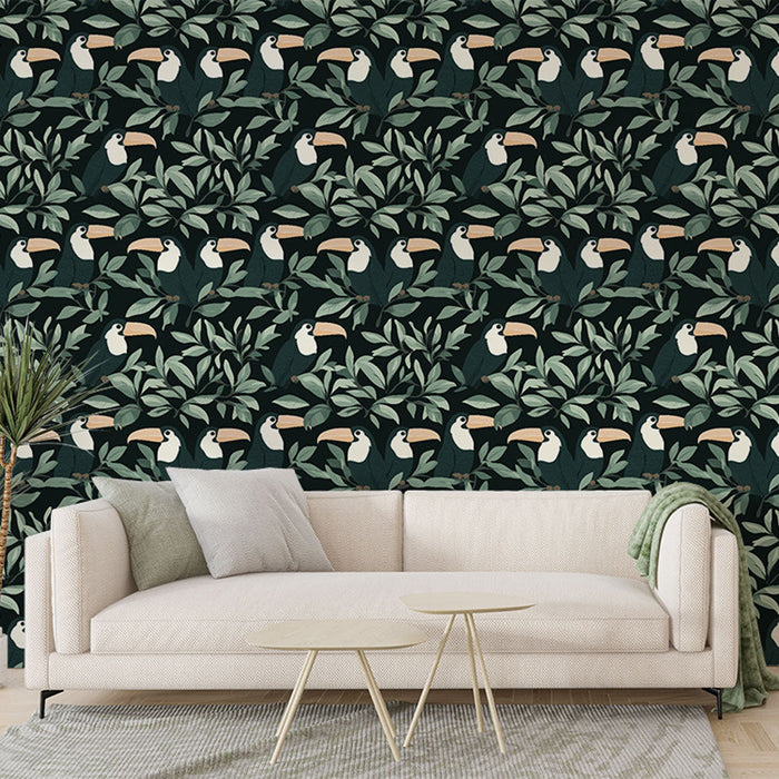 Tapete s tukan i listove | Tropichen motiv s tukani i bujno rastenie