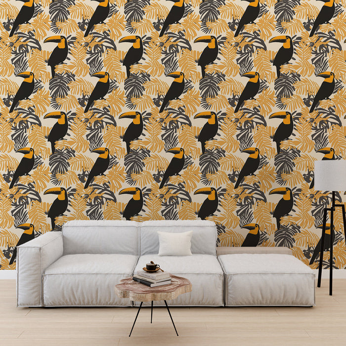 Tapete с тукан и тропически листа | Цветен модел с тукани и екзотично растителност