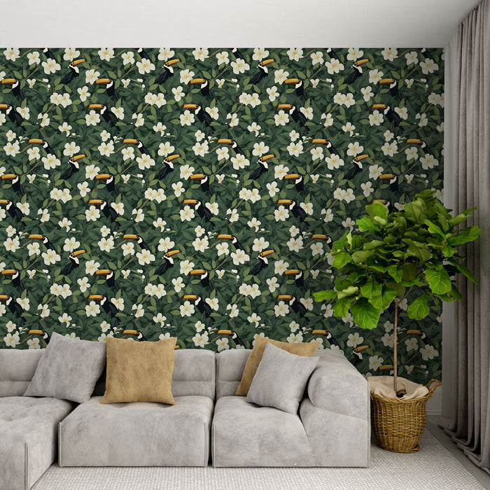 Foto Behang toekan en bloemen | Patroon met elegante witte toekans en bloemen