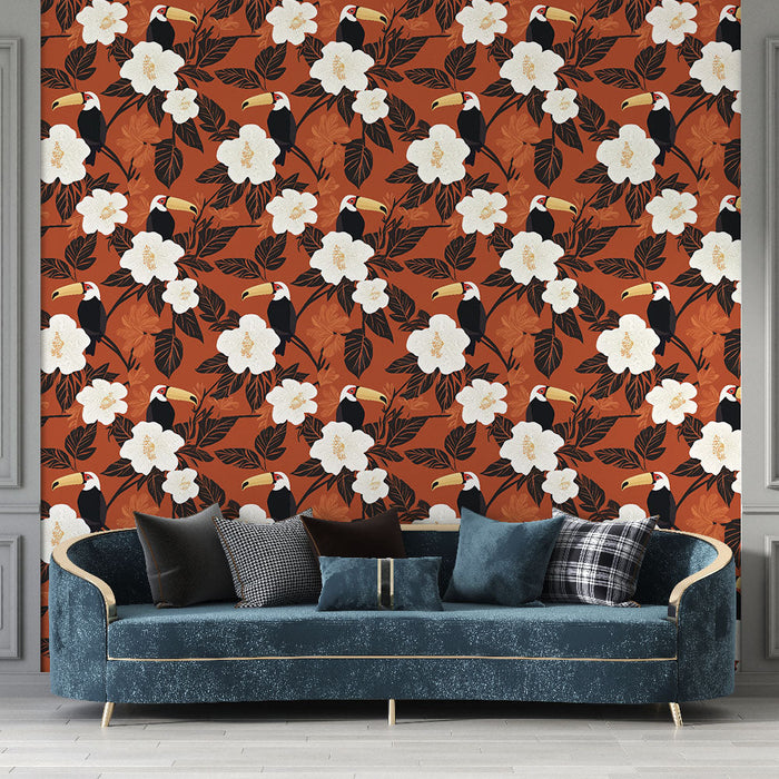 Tapete с тукани и цветя | Патерн с тукани и бели цветя на теракотен заден план