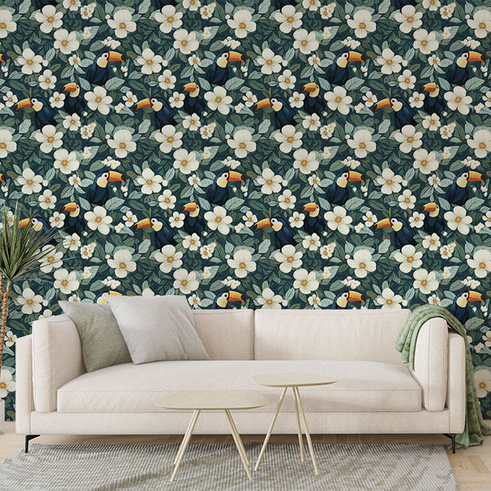 Tapete с тукан и цветя | Цветен дизайн с тукани и бели цветя