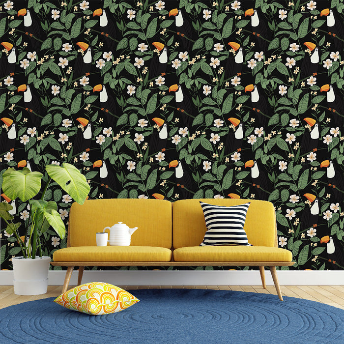 Tapete с мотив на тукани, заобиколени от пищна растителност и нежни цветя