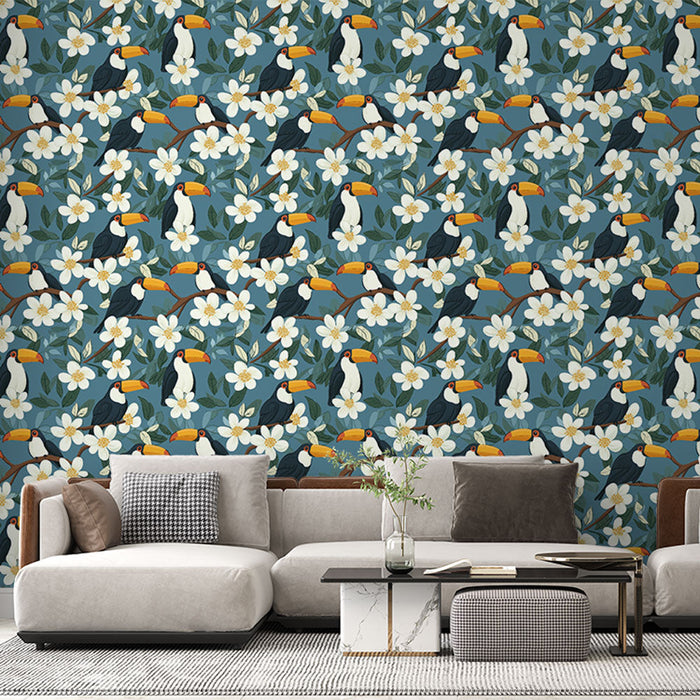 Fototapeta tukan in cvetje | Vzorec tukana in belih cvetov na modrem ozadju