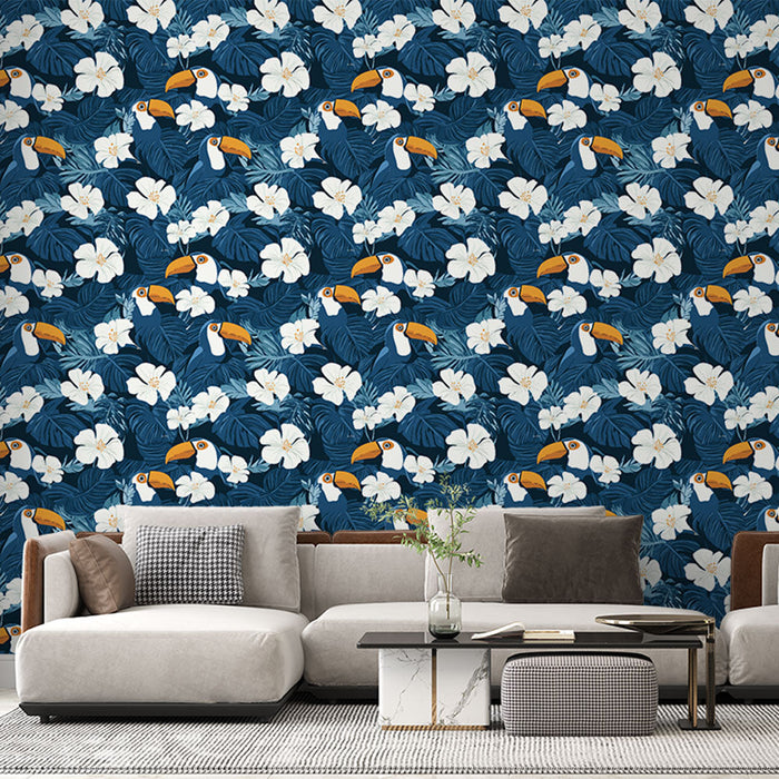 Fototapet tukan och blommor | Tropiskt mönster med färgglada fåglar och vita blommor