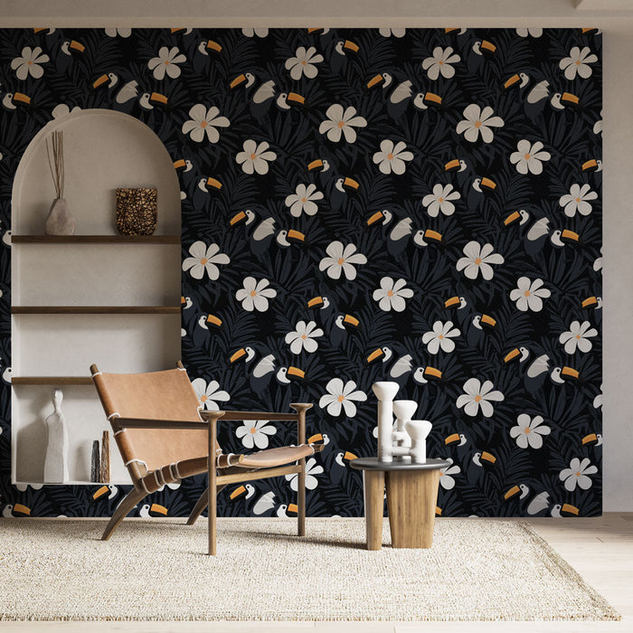 Fototapet tukan och blommor | Elegant tropiskt mönster på svart bakgrund