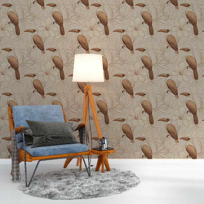 Tapeta s tukanom in cvetjem | Eleganten tropski vzorec s tukani in nežnimi cvetovi