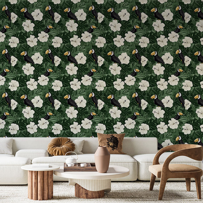 Fototapet tukan in hibiskus | Tropski vzorec s tukani in belimi cvetovi