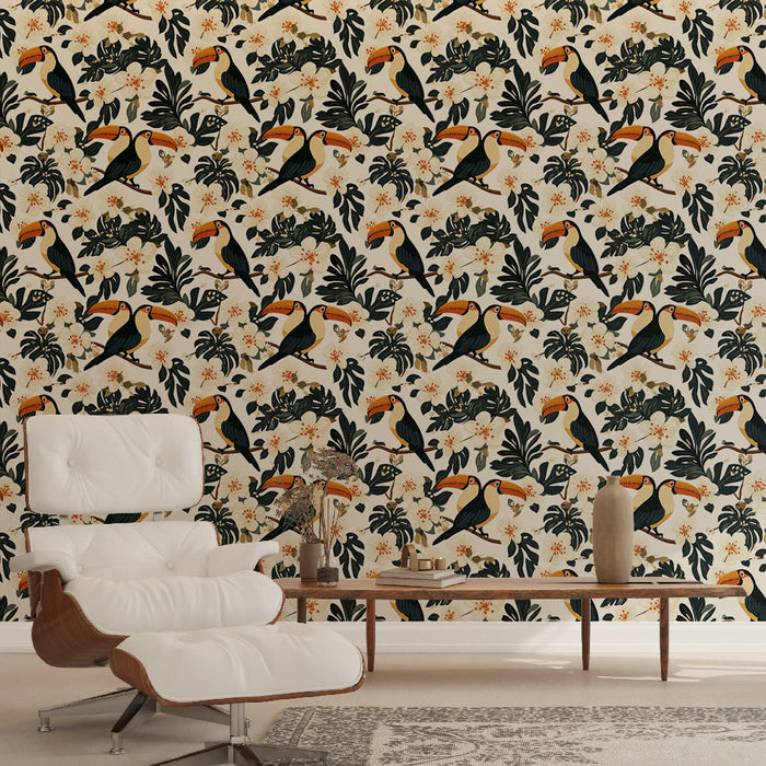 Mural Wallpaper toucan | Jungle evoker with toucans and exotic flowers