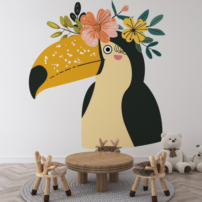 Mural Wallpaper flowering toucan | White background